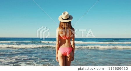Summer vacation, beautiful young woman in bikini swimsuit, tourist hat on the beach on sea coast 115689610