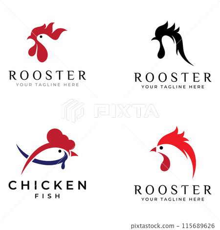 Chicken logo, rooster head logo with fish combination. Logo for company business, restaurant or restaurant or food stall. Using penditan simple vector illustration. 115689626