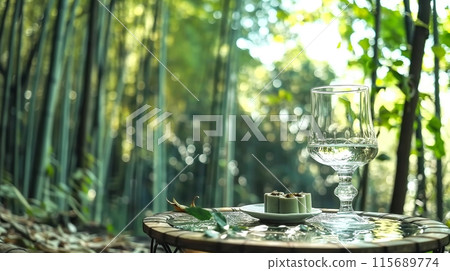 A glass of water sits on a table in a forest 115689774