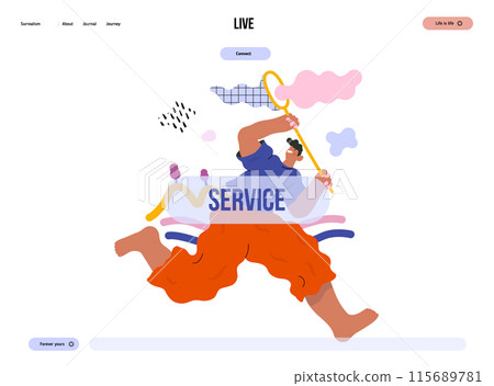 Life Unframed: Cloud catcher -modern flat vector concept illustration of running man with butterfly net. Metaphor of unpredictability, imagination, whimsy, cycle of existence, play, growth, discovery 115689781