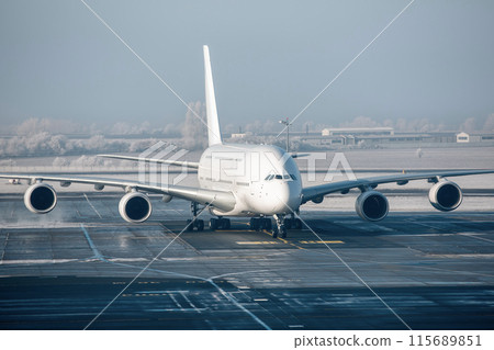 Airplane during taxiing from airport runway on winter day. 115689851