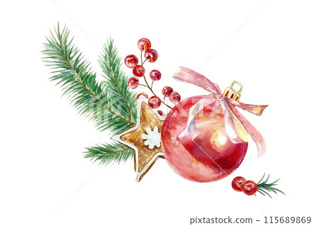 Christmas ball, fir branches, gingerbread star cookies, berries. Watercolor illustration isolated on white. New Year cards, banners, posters, flyers. 115689869
