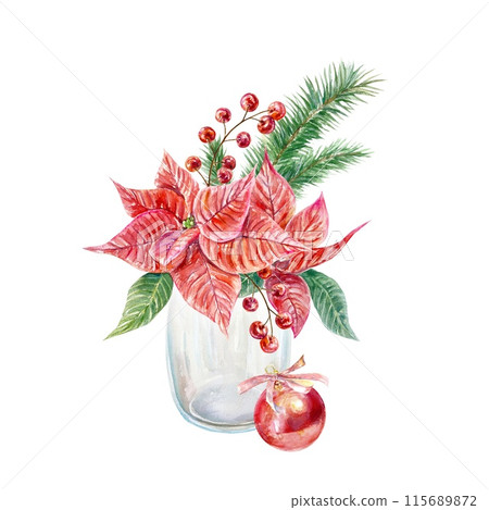 Poinsettia bouquet in a vase, fir branches, berries, red ball. Watercolor illustration isolated on white. For Christmas and New Year cards, posters. Poinsettia bouquet in a vase, fir branches, berries, red ball. Watercolor illustration isolated on white. For Christmas and New Year cards, posters. 115689872