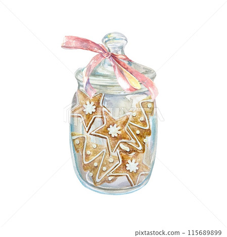 Glass jar with gingerbread cookies, with a pink bow on the lid. Watercolor illustration isolated on white New Year cards, invitations, banners, flyers Glass jar with gingerbread cookies, with a pink bow on the lid. Watercolor illustration isolated on white New Year cards, invitations, banners, flyers 115689899