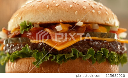 Delicious cheeseburger with cheese, lettuce, tomato, red onion and bun. Delicious cheeseburger with cheese, lettuce, tomato, red onion and bun. 115689920