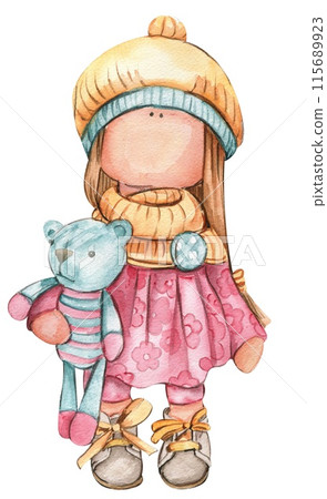 Watercolor hand drawn doll Tilda in dress. Hand drawn watercolor illustration . Design for baby shower party, birthday, cake, holiday celebration design, greetings card, invitation, stickers, posters. Watercolor hand drawn doll Tilda in dress. Hand drawn watercolor illustration . Design for baby shower party, birthday, cake, holiday celebration design, greetings card, invitation, stickers, posters. 115689923
