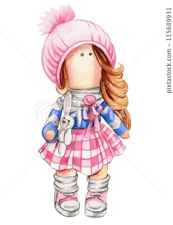 Watercolor hand drawn doll Tilda in dress. Hand drawn watercolor illustration . Design for baby shower party, birthday, cake, holiday celebration design, greetings card, invitation, stickers, posters. Watercolor hand drawn doll Tilda in dress. Hand drawn watercolor illustration . Design for baby shower party, birthday, cake, holiday celebration design, greetings card, invitation, stickers, posters. 115689931