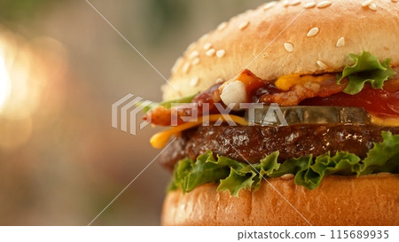 Delicious cheeseburger with cheese, lettuce, tomato, red onion and bun. 115689935