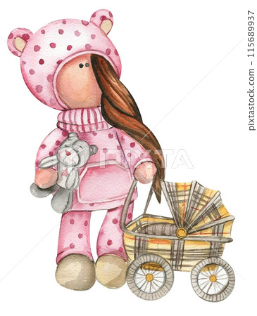 Watercolor hand drawn doll Tilda in dress. Hand drawn watercolor illustration . Design for baby shower party, birthday, cake, holiday celebration design, greetings card, invitation, stickers, posters. 115689937