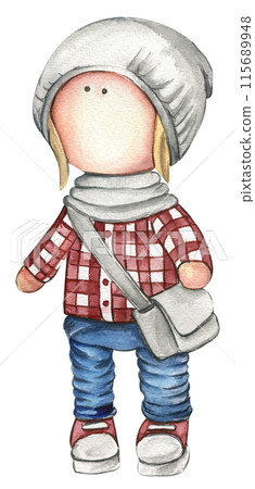 Watercolor hand drawn doll Tilda in dress. Hand drawn watercolor illustration . Design for baby shower party, birthday, cake, holiday celebration design, greetings card, invitation, stickers, posters. 115689948