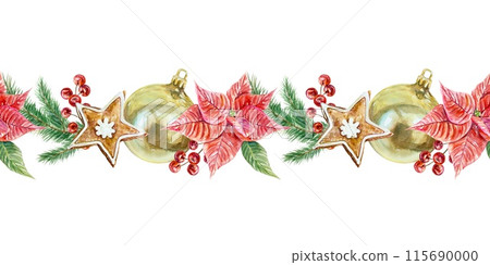 Poinsettia, Christmas golden ball, ginger cookies, fir branches, berries. Seamless border Watercolor illustration on white New Year cards, invitations Poinsettia, Christmas golden ball, ginger cookies, fir branches, berries. Seamless border Watercolor illustration on white New Year cards, invitations 115690000
