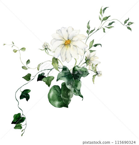 Watercolor floral card featuring flowers, herbs and bedstraw. Hand-drawn poster of a plant bouquet on a white background. An outdoor illustration for design, printing or fabric background. Watercolor floral card featuring flowers, herbs and bedstraw. Hand-drawn poster of a plant bouquet on a white background. An outdoor illustration for design, printing or fabric background. 115690324