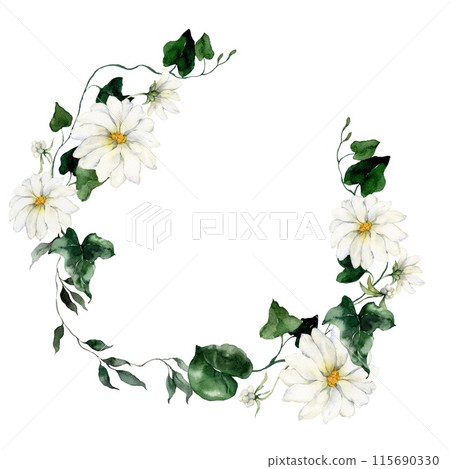 Watercolor floral wreath featuring flowers, bedstraw and herbs. Hand-drawn frame of a plant bouquet on a white background. An outdoor illustration for design, printing or fabric background. Watercolor floral wreath featuring flowers, bedstraw and herbs. Hand-drawn frame of a plant bouquet on a white background. An outdoor illustration for design, printing or fabric background. 115690330
