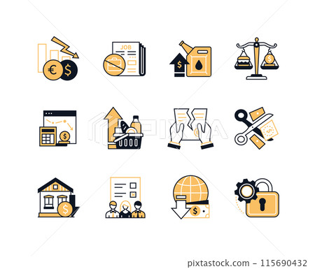 Economic and financial crisis - line design style icons set Economic and financial crisis - line design style icons set 115690432