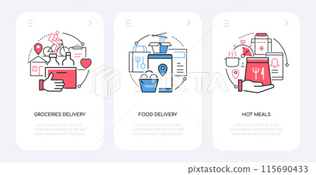 Groceries and food delivery - line design style banners set Groceries and food delivery - line design style banners set 115690433