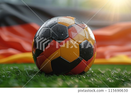 Soccer ball with German flag on green grass background, sport game, team football theme. 115690630