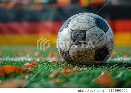 Old soccer and football ball on green grass, on German flag background for sport team and game theme concept. Old soccer and football ball on green grass, on German flag background for sport team and game theme concept. 115690631