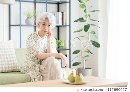Senior woman worried in the living room Senior woman worried in the living room 115690657