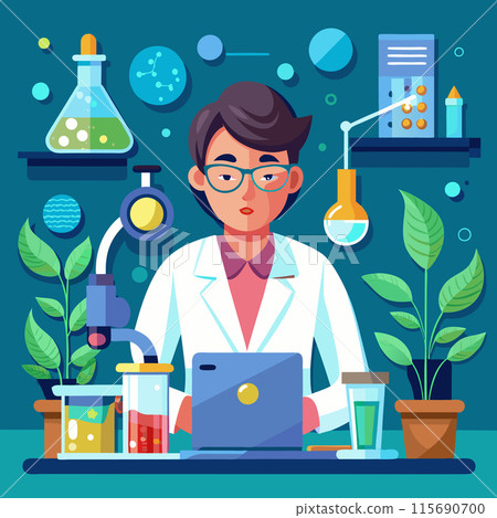 Scientist concept. Idea of education and innovation. Biology, chemistry, medicine and other subjects systematic study. Isolated flat illustration. Vector illustration Scientist concept. Idea of education and innovation. Biology, chemistry, medicine and other subjects systematic study. Isolated flat illustration. Vector illustration 115690700