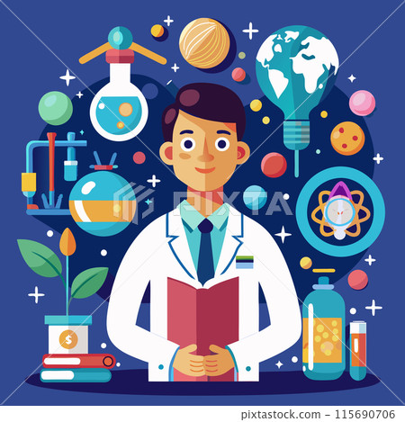 Scientist concept. Idea of education and innovation. Biology, chemistry, medicine and other subjects systematic study. Isolated flat illustration. Vector illustration Scientist concept. Idea of education and innovation. Biology, chemistry, medicine and other subjects systematic study. Isolated flat illustration. Vector illustration 115690706