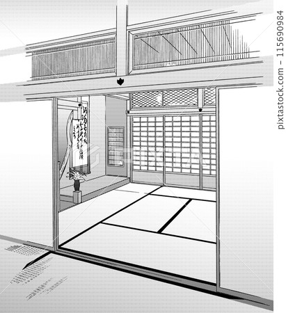 Manga-style pen drawing illustration Japanese-style stairs and interior 115690984