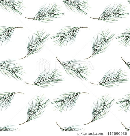 Traditional Christmas pine branches watercolor seamless pattern. Hand drawn new year background with forest tree elements for packing, wall paper, wrapping paper design. Holly celebration, fabric 115690986