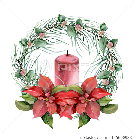 Christmas wreath with red wax candle,pine branches, snow berries and red traditional flower poinsettia watercolor illustration.Hand drawn winter new year element, holly decor, invitation,card template 115690988