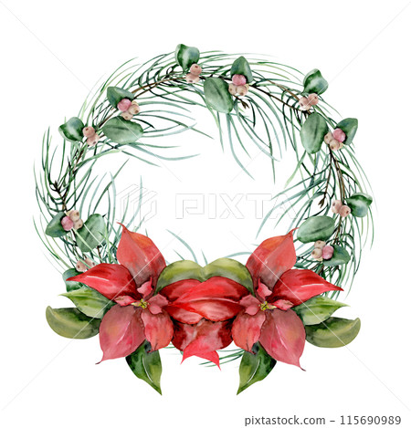 Pine branches, snow berries and red traditional Christmas flower poinsettia watercolor wreath illustration.Hand drawn winter new year celebration element,holly home decor, invitation, card template 115690989