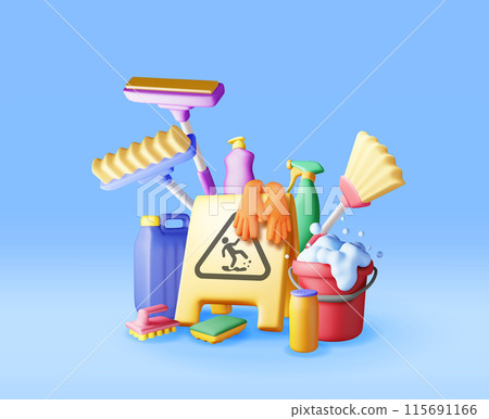 3D set of home cleaning tools isolated 3D set of home cleaning tools isolated 115691166