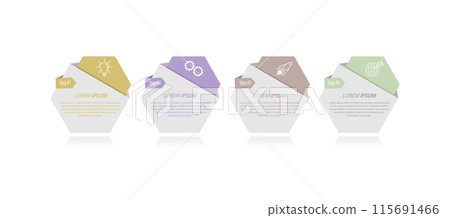 4 stages of development, improvement or training. Infographics with visual action icons for business, finance, project, plan or marketing 115691466