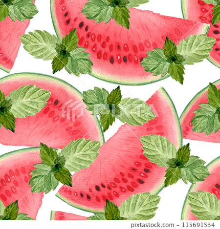 Watermelon juicy slices with mint leafs. Watercolor seamless pattern isolated on white, hand drawn for food design. Packages, textile, wrapping paper, summer refreshments, drinks, kitchen decor Watermelon juicy slices with mint leafs. Watercolor seamless pattern isolated on white, hand drawn for food design. Packages, textile, wrapping paper, summer refreshments, drinks, kitchen decor 115691534