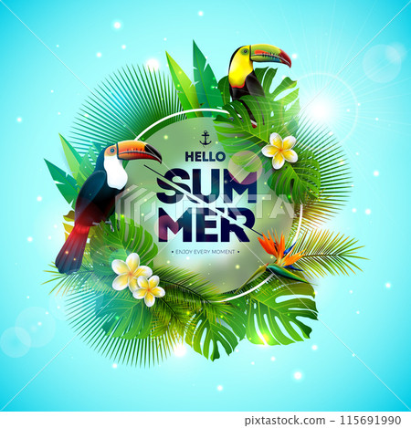 Tropical Summer Holiday Design with Toucan Bird and Parrot Flower on Blue Background. Vector Typography Illustration on Blurred Glass with Exotic Palm Leaves and Phylodendron for Banner, Flyer 115691990