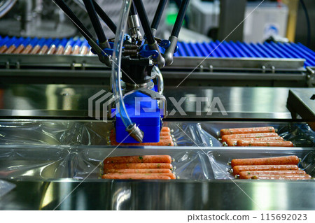 High-performance machines are wrapping processed fresh food products sausages. food production lines on conveyor belts, food production industry 115692023
