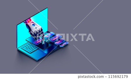 AI chatbot in image robot or cyborg holding in hand message bubbles. Online AI chat bot talk through messenger with user. Technical support bot, internet assistance with artificial intelligence or AI 115692179