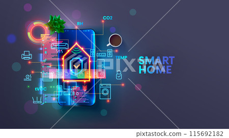 Smart home system application on screen smart phone. Customization automation devices, sensors, hub of smart home. Phone internet remote controls of home appliances. Development home network of IOT. Smart home system application on screen smart phone. Customization automation devices, sensors, hub of smart home. Phone internet remote controls of home appliances. Development home network of IOT. 115692182