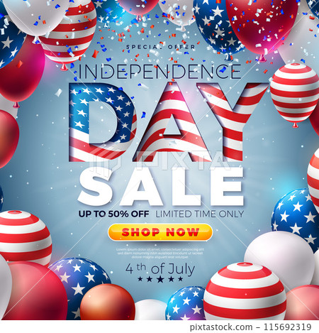 4th of July Independence Day Sale Banner Design with American Flag in Text Label and Party Balloon on Blue Background. Fourth of July USA National Holiday Vector Illustration with Special Offer 4th of July Independence Day Sale Banner Design with American Flag in Text Label and Party Balloon on Blue Background. Fourth of July USA National Holiday Vector Illustration with Special Offer 115692319