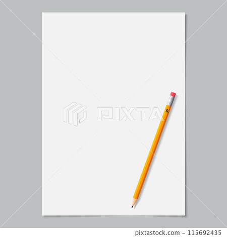 blank paper page white color with sharpened yellow pencil on grey background. vector illustration 115692435