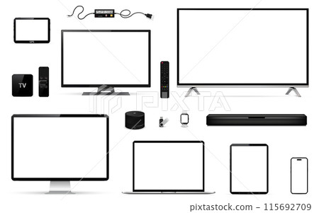 Realistic tv, computer, laptop, tablet, smart phone, smart watch, smart speaker, sound bar, set-top box, usb flash drive, gps navigation device, remote control and charger Realistic tv, computer, laptop, tablet, smart phone, smart watch, smart speaker, sound bar, set-top box, usb flash drive, gps navigation device, remote control and charger 115692709