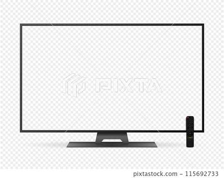 Smart tv mockup. Blank transparent television screen with remote control. 115692733