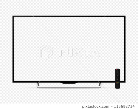 Realistic tv screen with remote control. Smart tv mockup. 115692734