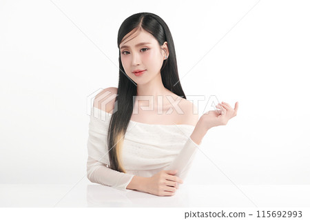 Beautiful young asian woman with clean fresh skin on white background, Face care, Facial treatment, Cosmetology, beauty and spa, Asian women portrait. Beautiful young asian woman with clean fresh skin on white background, Face care, Facial treatment, Cosmetology, beauty and spa, Asian women portrait. 115692993