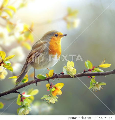 European robin perched on a branch in spring nature European robin perched on a branch in spring nature 115693077