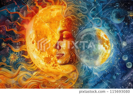 Goddess of the sun and moon. Spiritual evolution and mystical symbolism of the cosmic feminine power. Fantasy wallpapers 115693080
