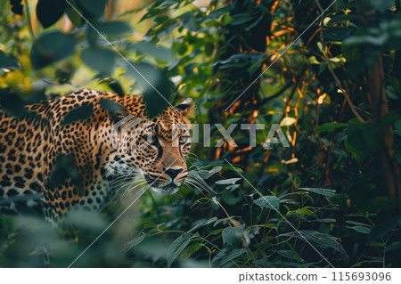 Head of a jaguar among the leaves in the jungle, Panthera onca. 115693096