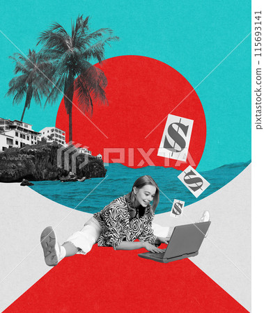 Smiling young girl on vacation using laptop for online education and remote work. Convenient way for freelance work. Contemporary art collage. Smiling young girl on vacation using laptop for online education and remote work. Convenient way for freelance work. Contemporary art collage. 115693141