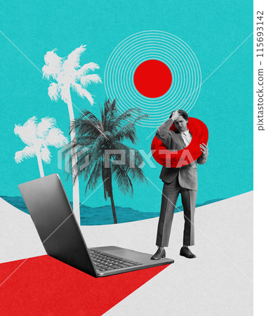 Upset employee on beach with open laptop expressing sadness due to need to work remotely. Remote work and deadlines. Contemporary art collage. Upset employee on beach with open laptop expressing sadness due to need to work remotely. Remote work and deadlines. Contemporary art collage. 115693142