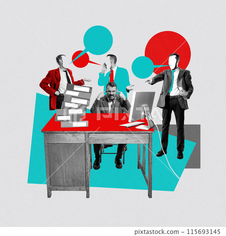 Businessman sitting at table with many colleagues talking behind. Feeling angry due to noise and interruptions. Desire for remote job. Contemporary art collage. 115693145