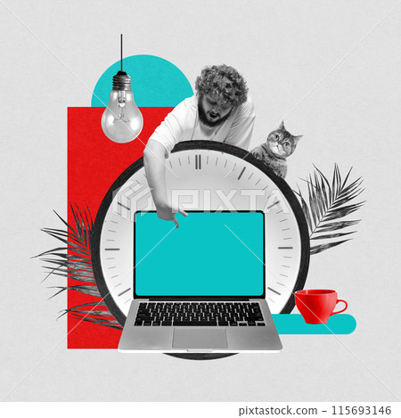 Deadlines and productivity. Man working remotely at home, interacting with laptop, following deadlines in project. Contemporary art collage. 115693146