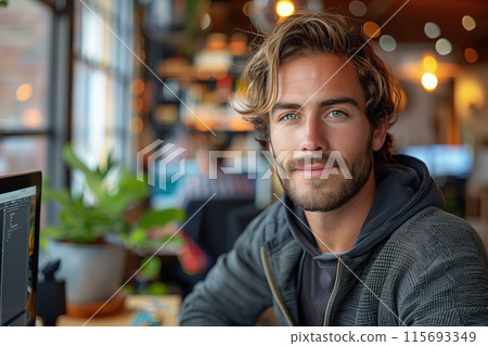 A male web developer at work in a modern office A male web developer at work in a modern office 115693349