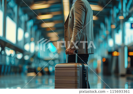 Man dressed in elegant modern suit standing with luxury suitcase in airport 115693361